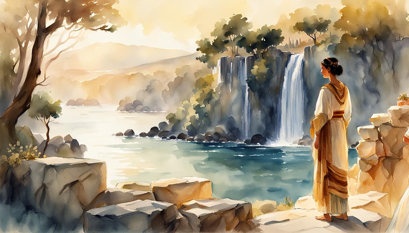 Greek Island Women by Sea in Watercolor Style