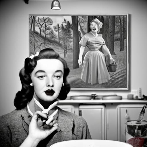 50s Housewife Sitting with Creepy Painting