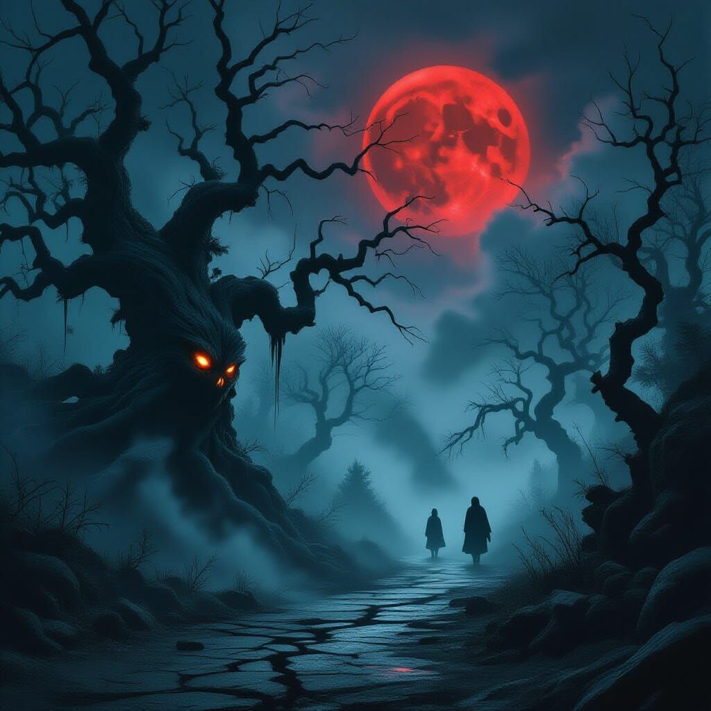 Ominous Forest Under Red Moon, Dark Fantasy Horror