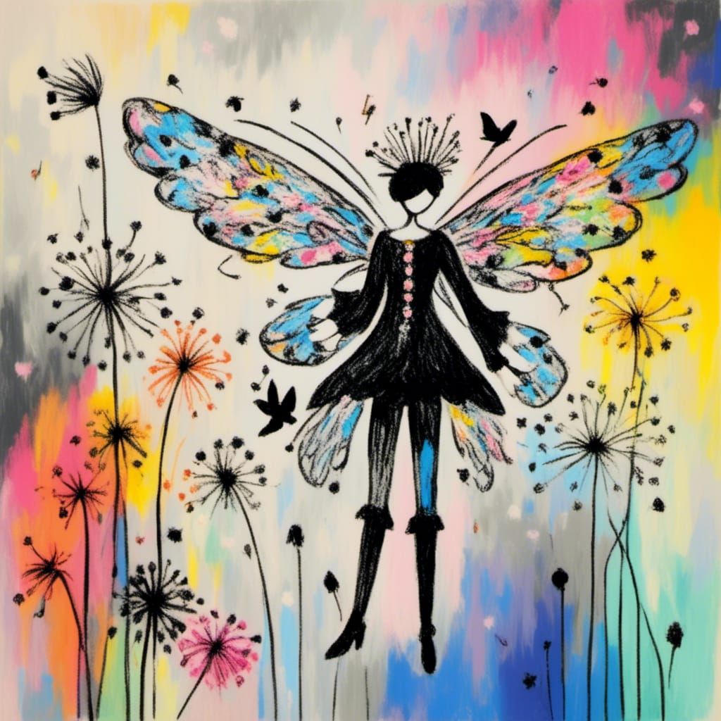 <lora:Pastel Wings:1.0>  Winged fairies   in a Million Dandelion dreamscape,  making wishes  , Picasso's integrated flow...