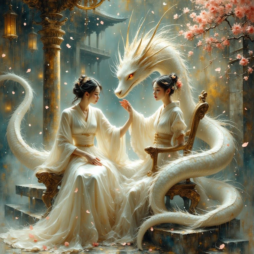 Japanese Fantasy Scene: Woman on Throne with Dragon