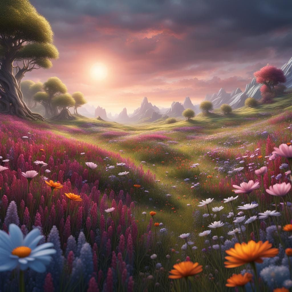 Fantastical Flower Meadow in Detailed Matte Painting