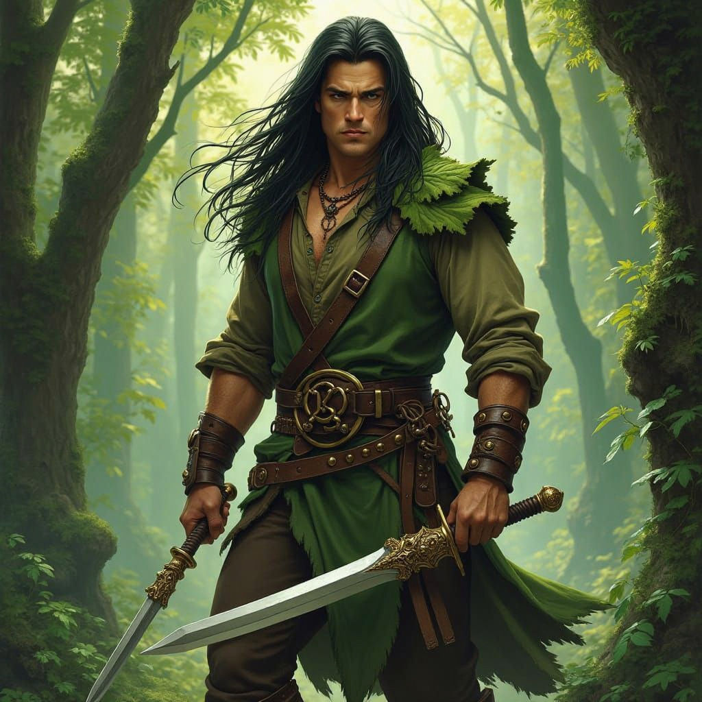 Forest Elf Druid with Daggers in Fantasy Forest