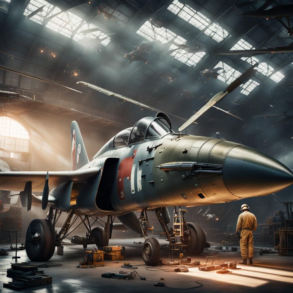 Mechanic Repairs Fighter Plane: Dramatic Digital Painting