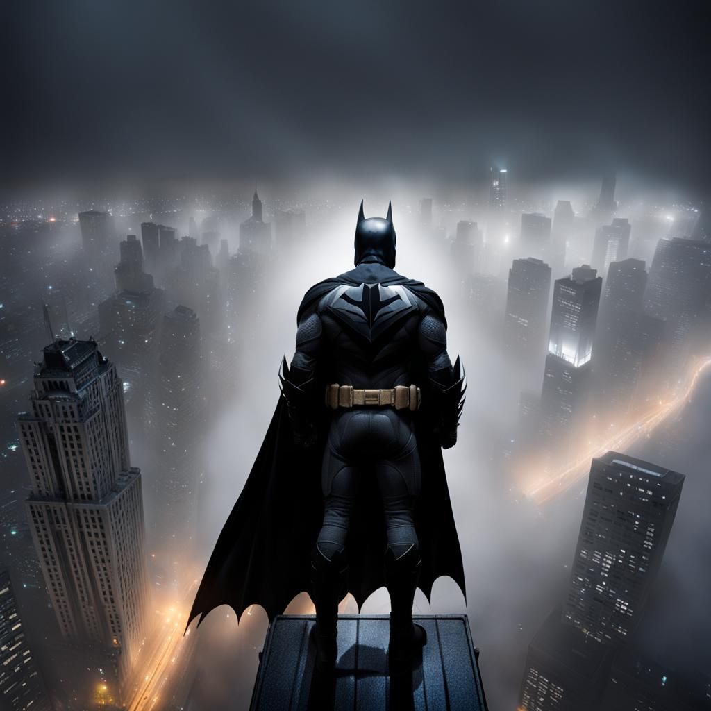 Batman Surveys Gotham From Above in Dense Fog