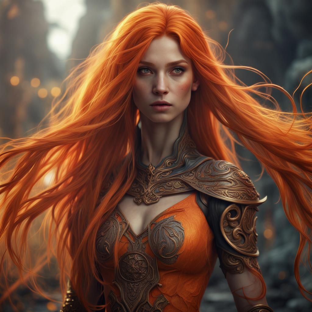 Fantasy Girl with Long Orange Hair, Detailed Matte Painting