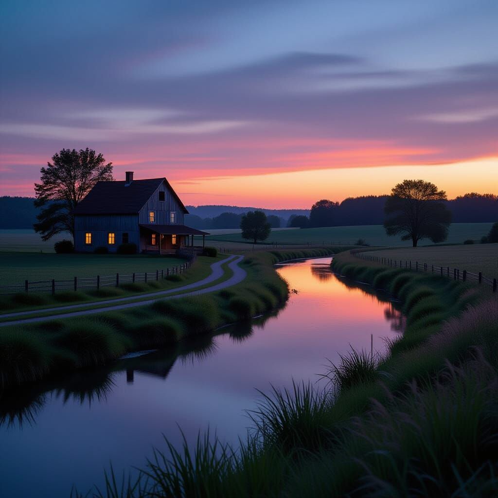 Cinematic Dusk: Farmhouse by a River