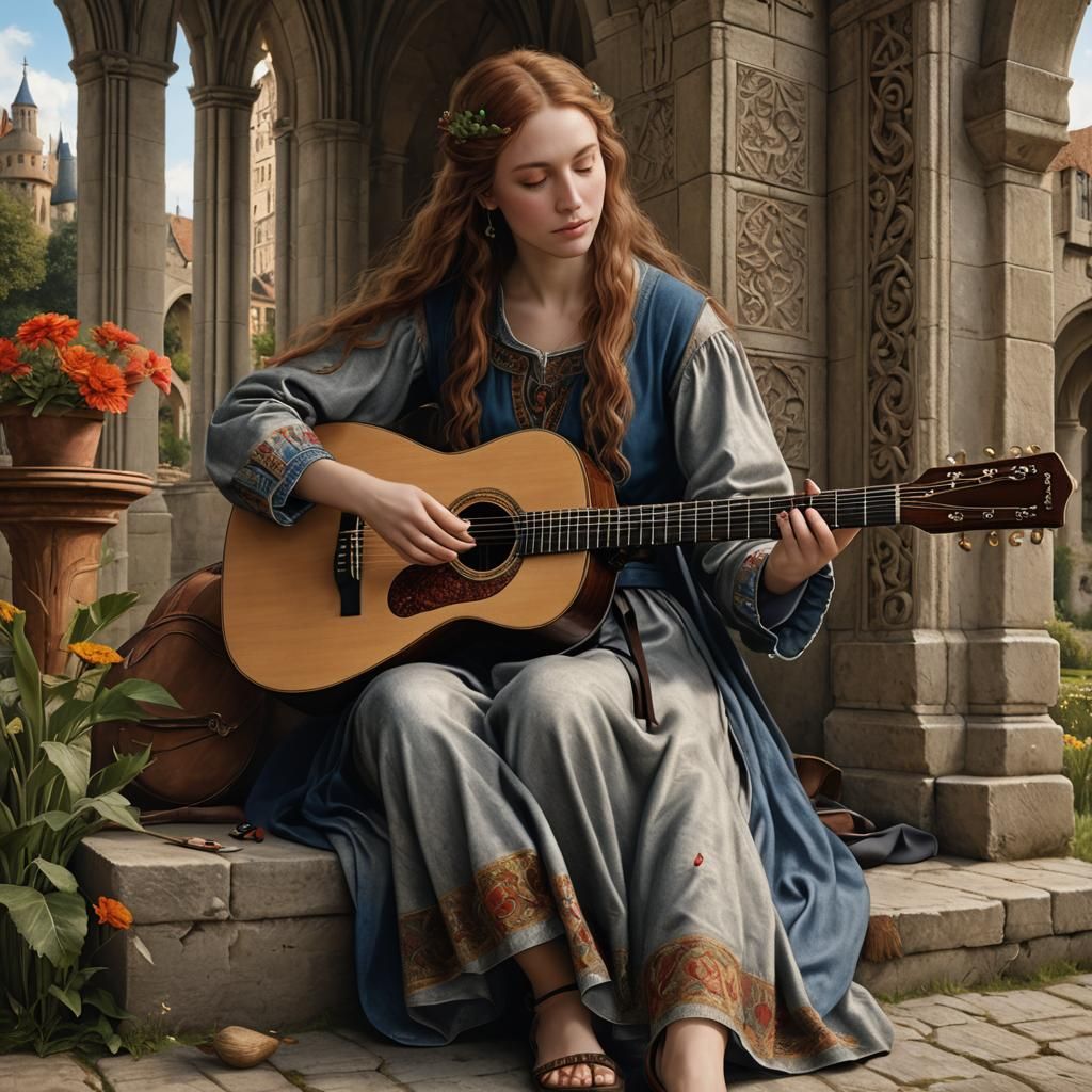 A girl,  playing guitar.