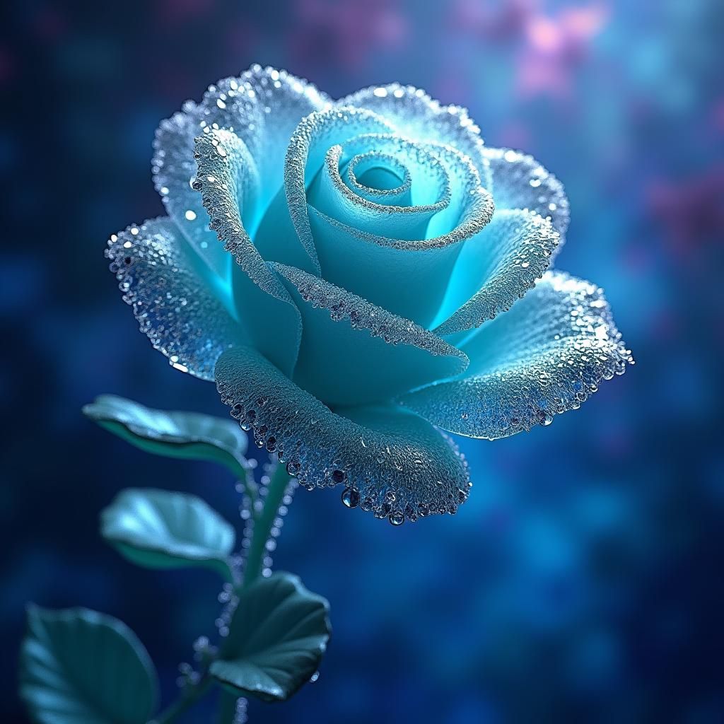 Aquamarine Glass Rose with Raindrops
