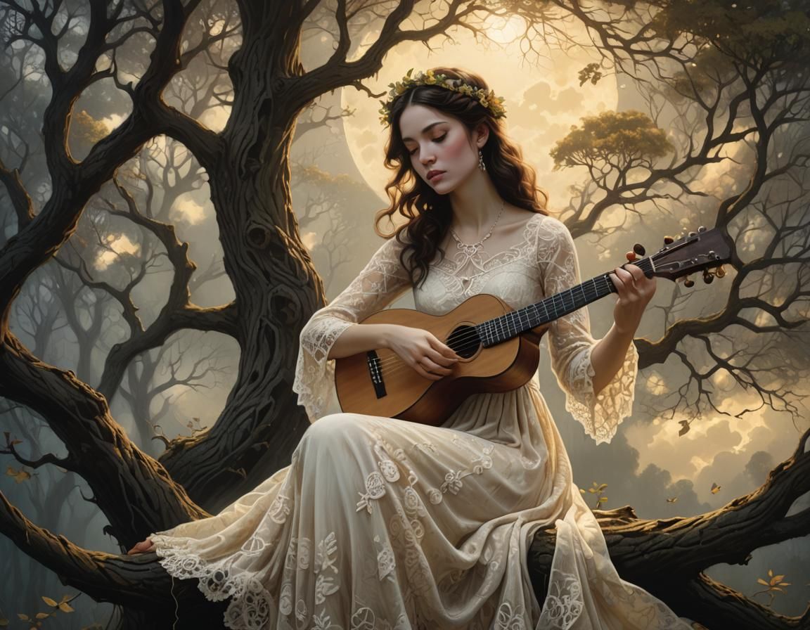Woman in Tree with Ukulele, Surrealist Style