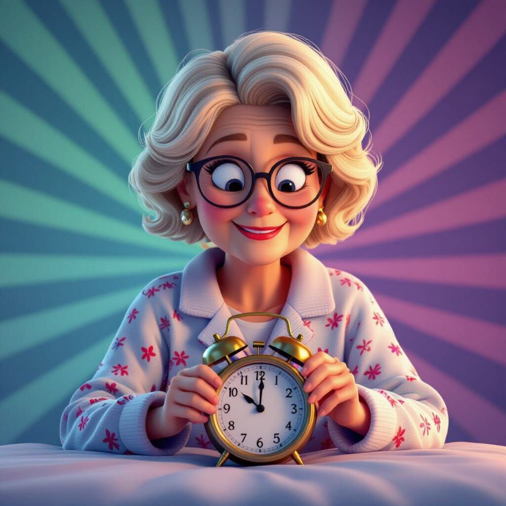 Elderly Woman Checks Clock in Pixar-Style 3D Art