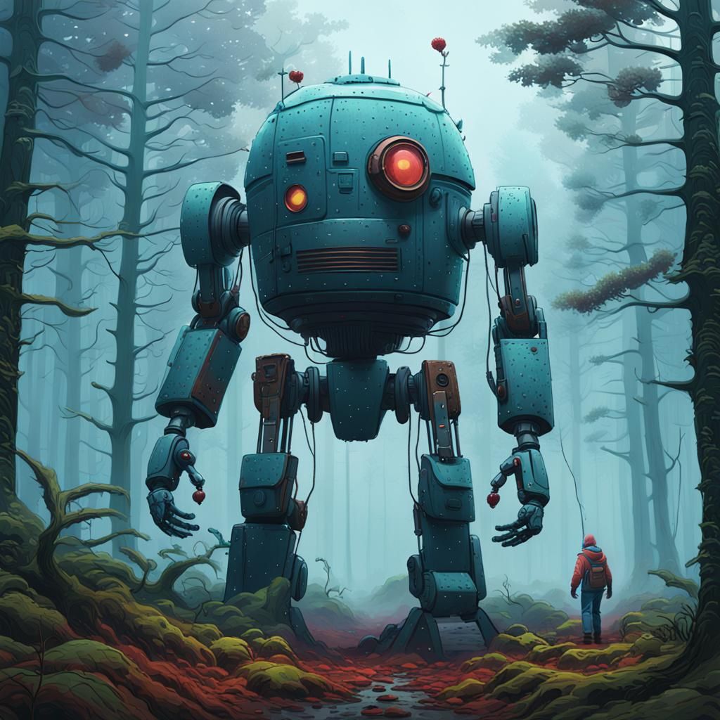 Berry Gatherer Robot in Misty Forest, Fantastical Art