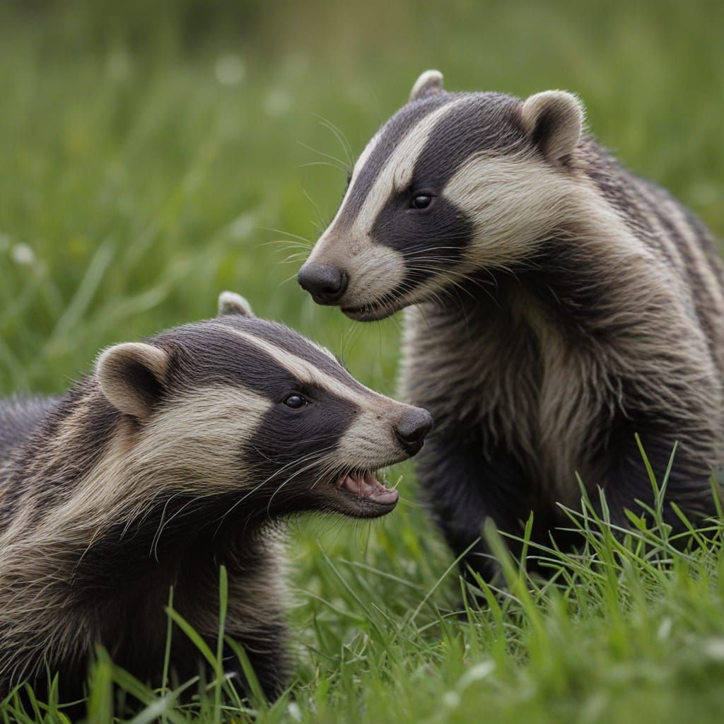 Badgers Playing in Meadow: Realistic Wildlife Photography