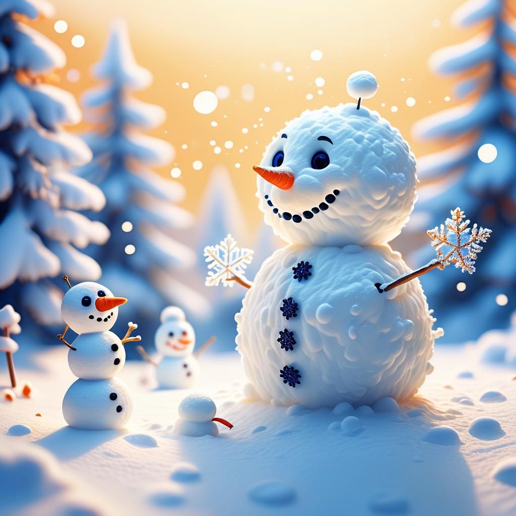 Magical Snowman Scene in Whimsical Fantasy Art