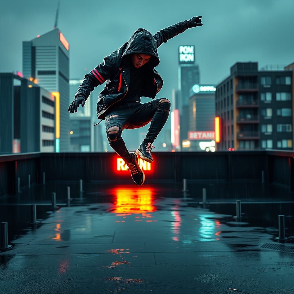Futuristic Parkour Punk Leaps Through Neon-Lit City Rooftops