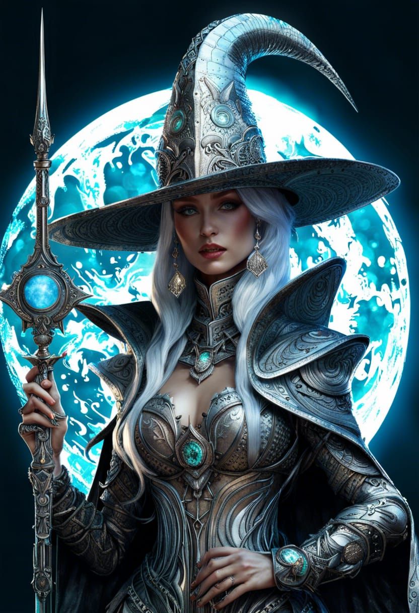 Armored Moon Witch with Kittens in Digital Art