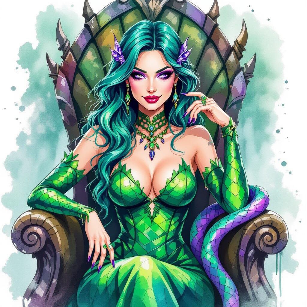 Emerald Haired Snake Queen on Serpent Throne