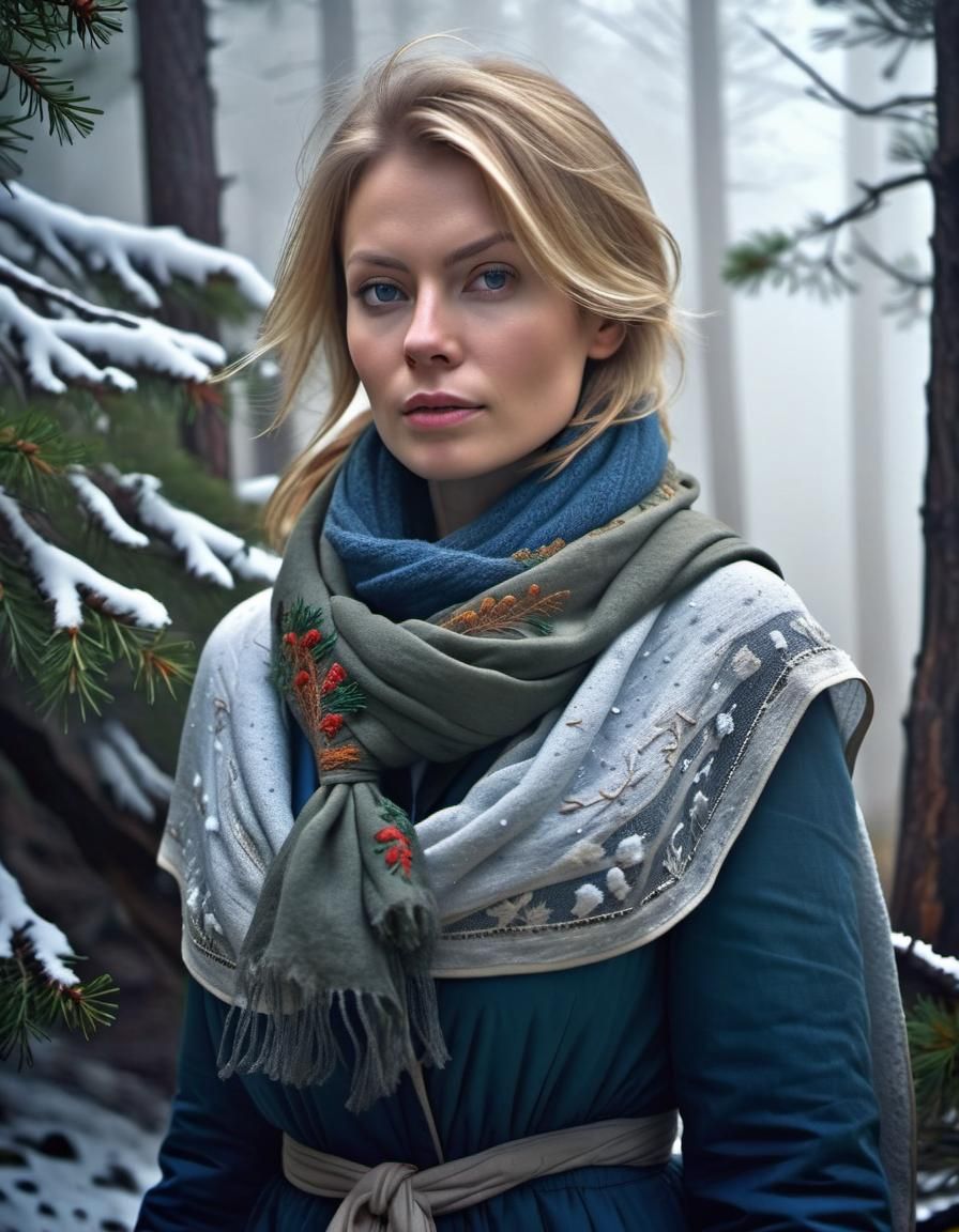 Ethereal Woman Walking in Snowy Landscape