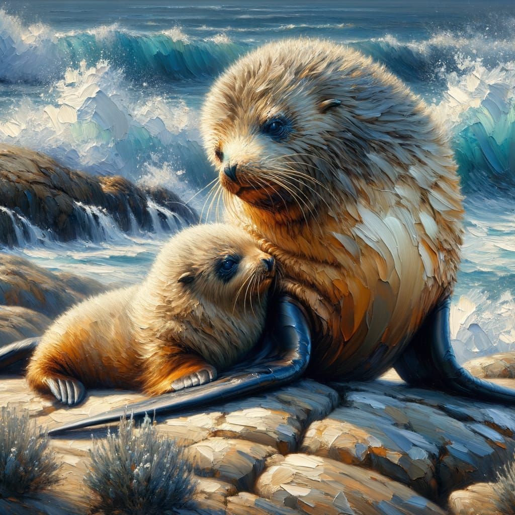 Fur Seal Mother and Pup: Impasto Oil Painting