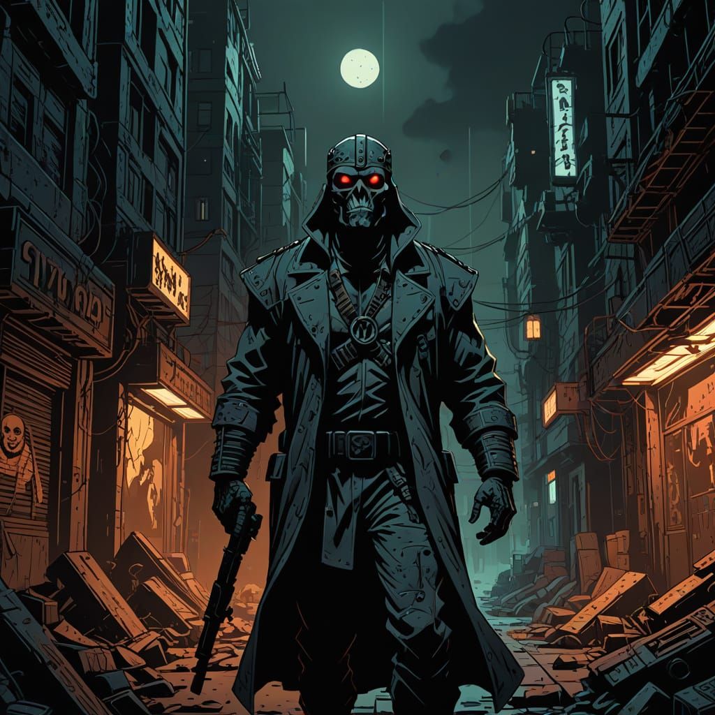 Cyberpunk Mummy in Post-Apocalyptic Cityscape