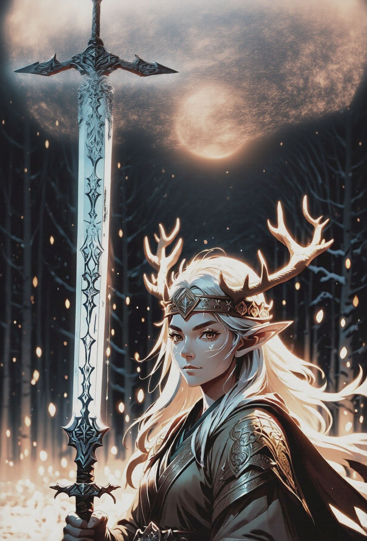 Ethereal Wood Elf in Winter, Anime-Inspired Artwork with Cel...