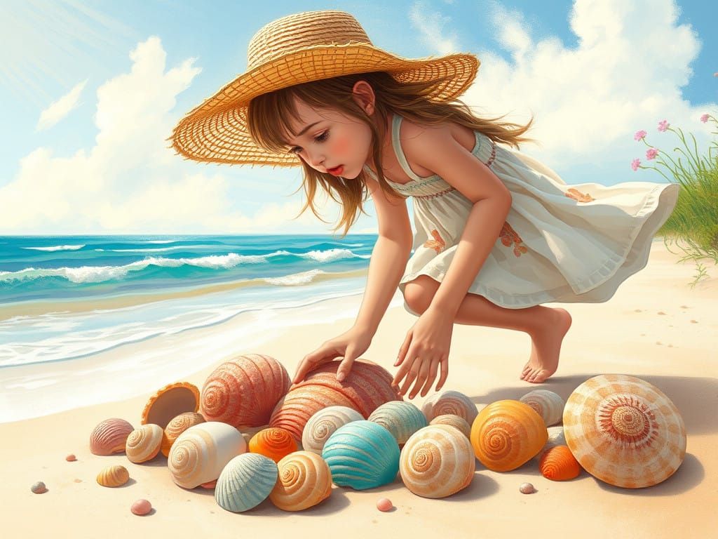 Girl Collects Shells on Pristine Summer Beach, Expressive an...