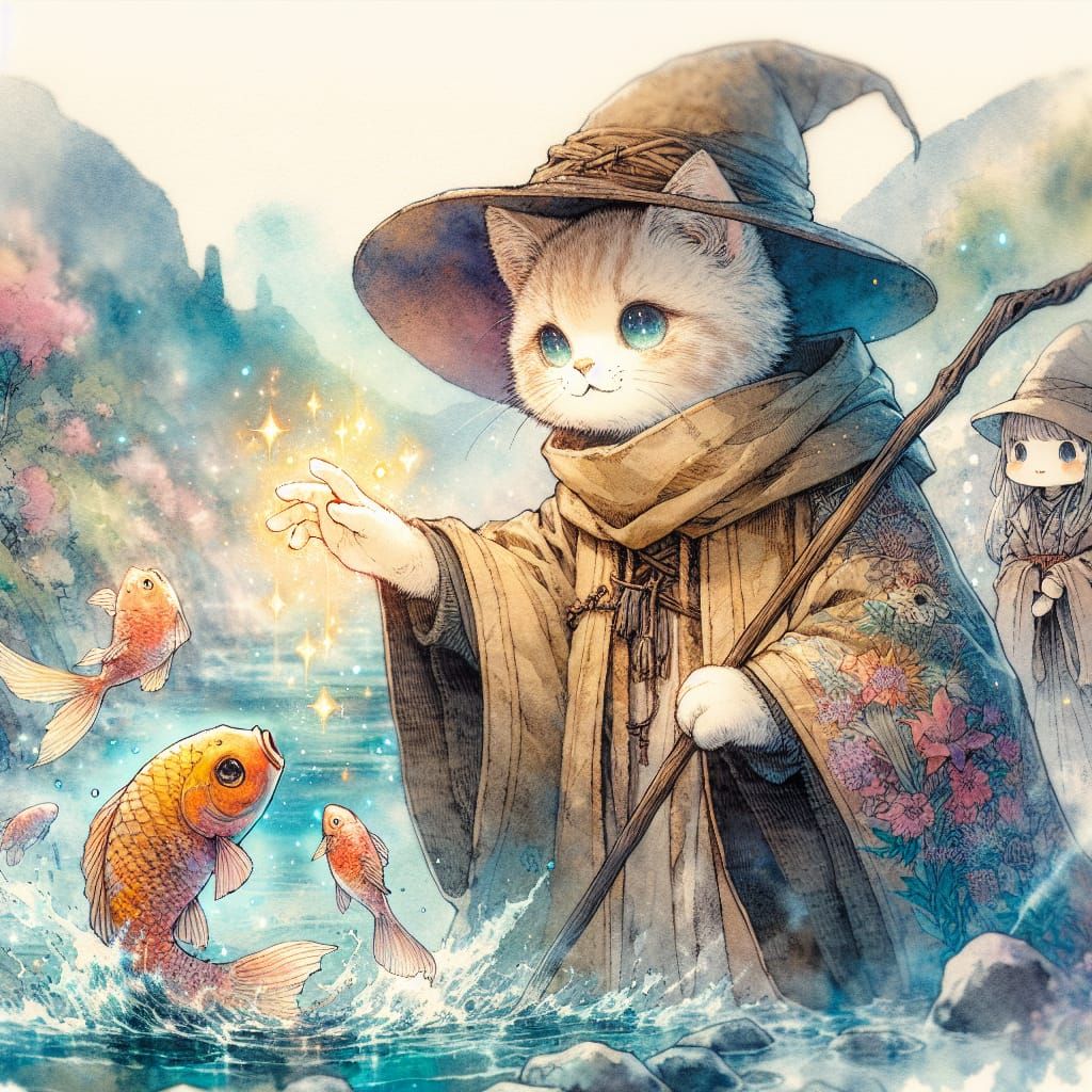 Enchanting Kitten Witches Fishing, Anime Manga Cover Art