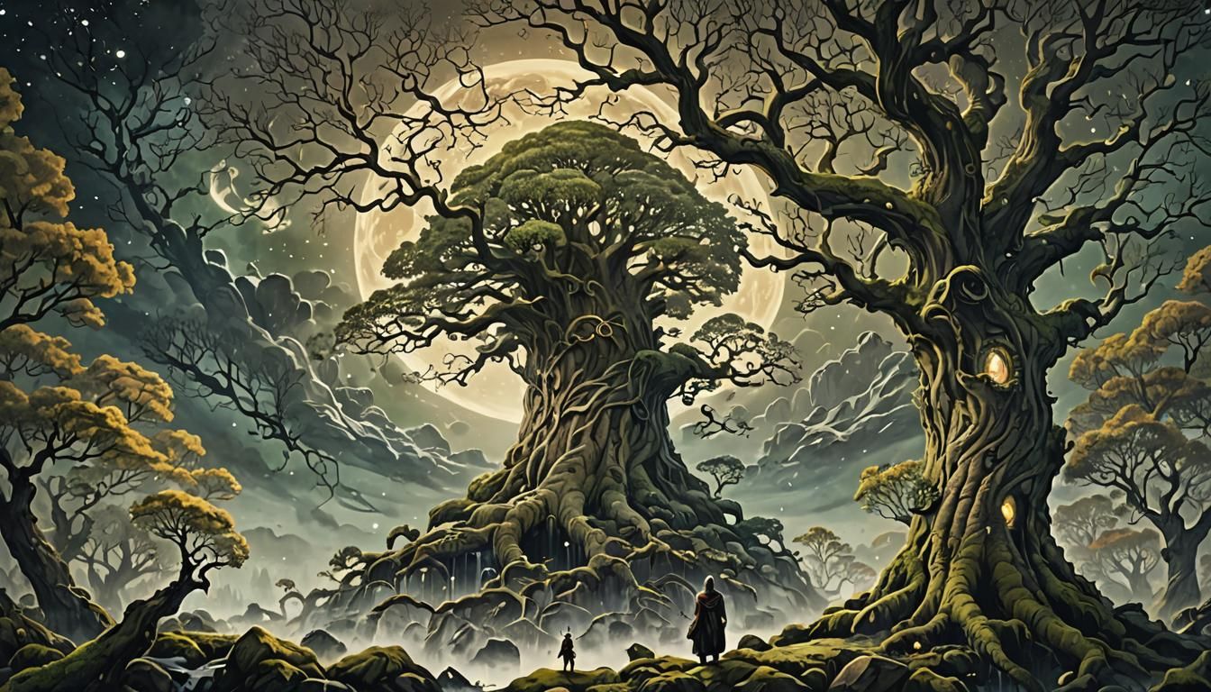 Odin Hanging From Yggdrasil in Mystical Night Scene