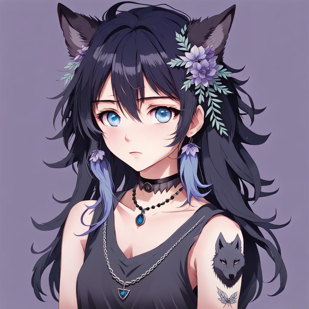 Anime Wolf Girl Portrait with Lavender Wreath