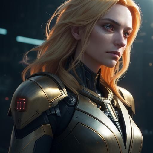 Cybernetic Warrior in Dystopian Cityscape