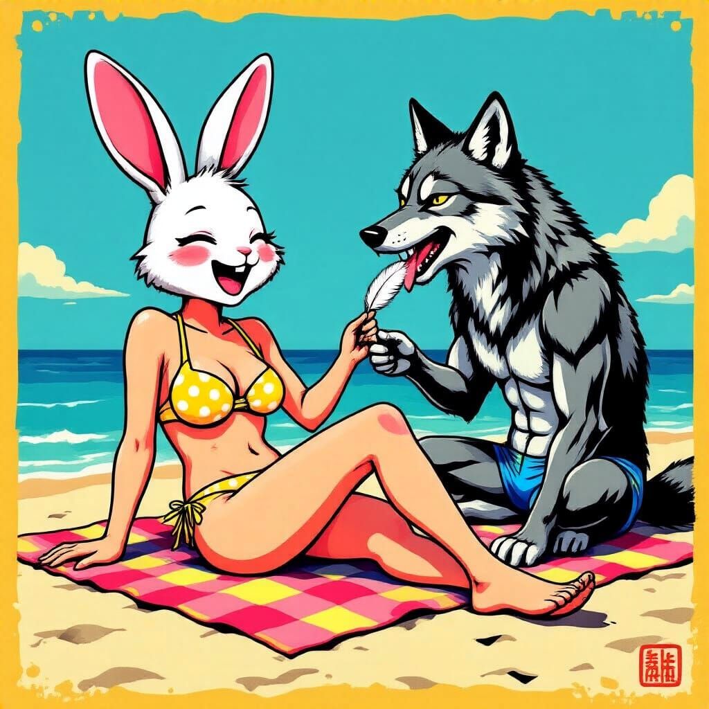 Bunny and Wolf Beach Fun in Pop Art Style