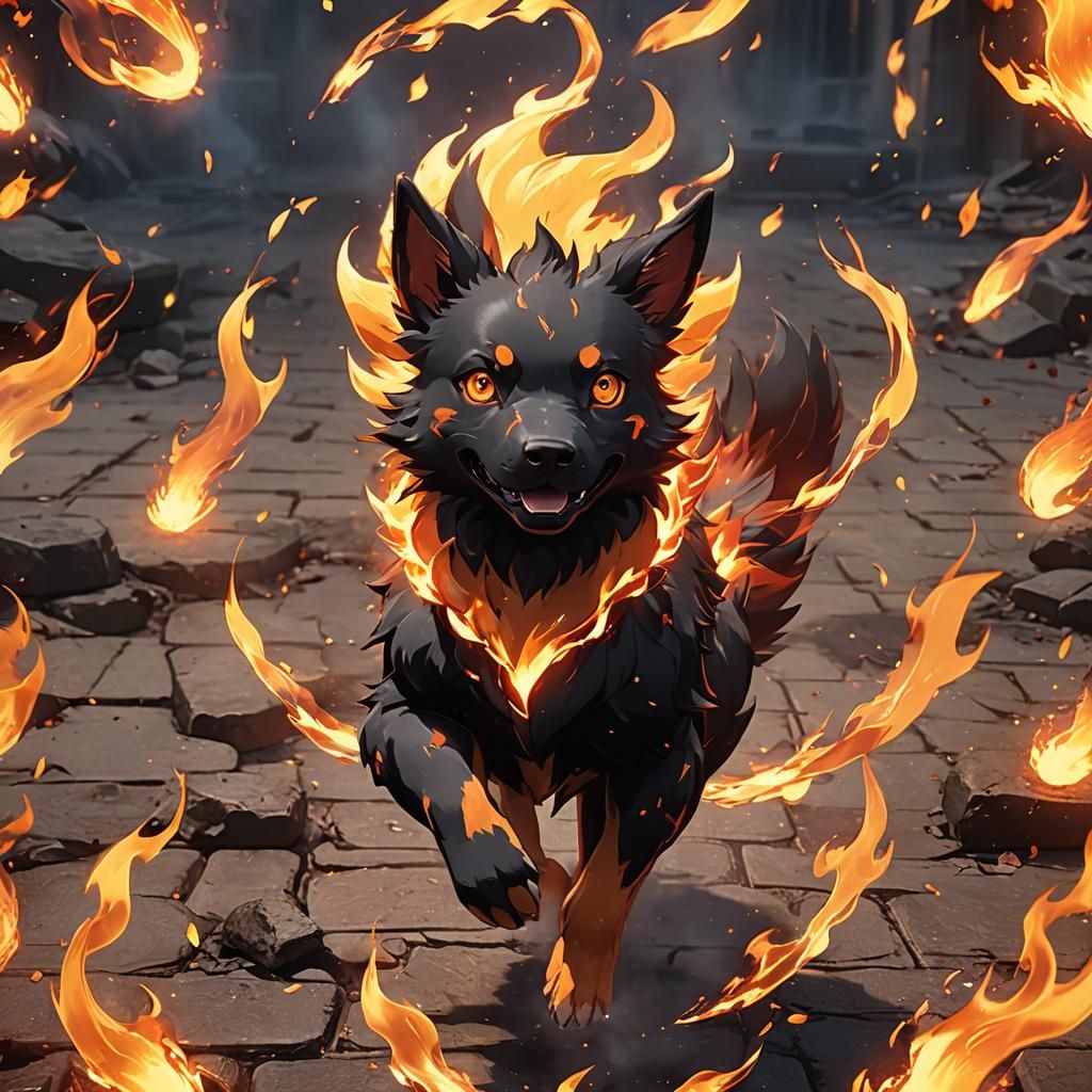 Fiery Pokémon Dog in Vibrant 3D Anime Art