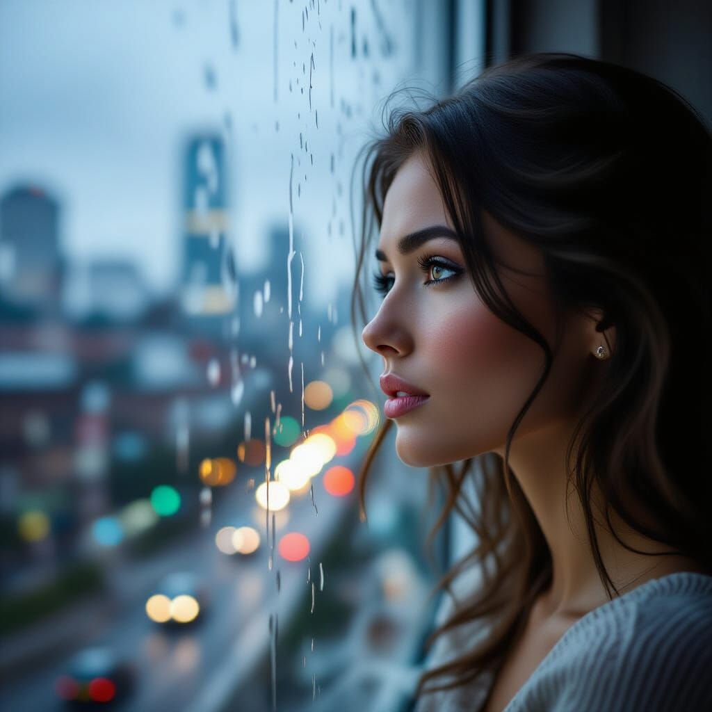 Photorealistic Portrait of Woman Gazing Out Rainy Window