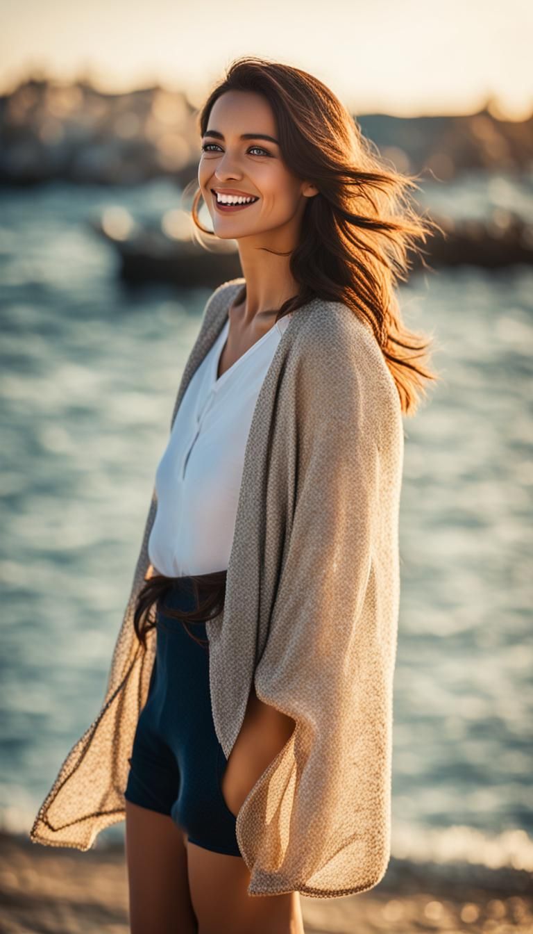 Realistic Photo of a Smiling Woman Walking on Beach