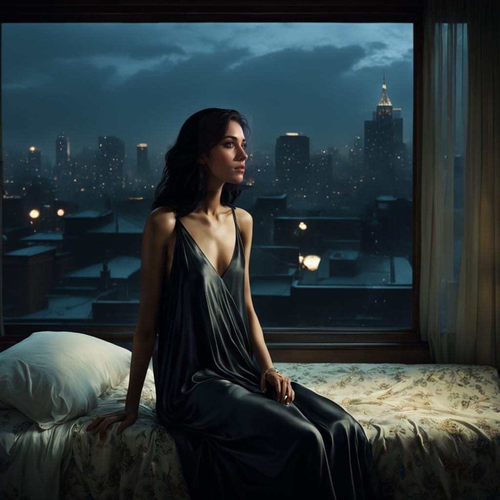 Elegant Woman in Nightgown with Cityscape