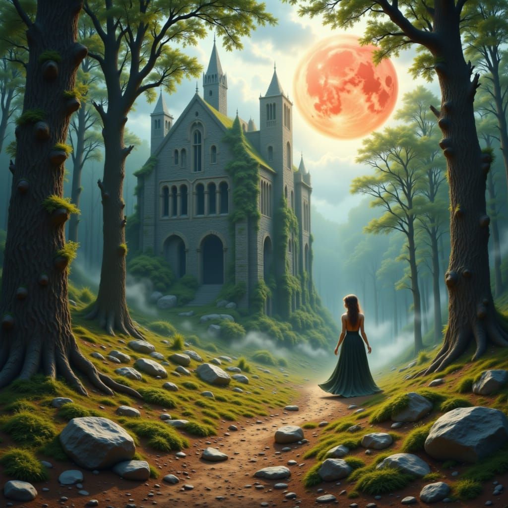 Enchanted Castle Ruins Under a Surreal Red Moon