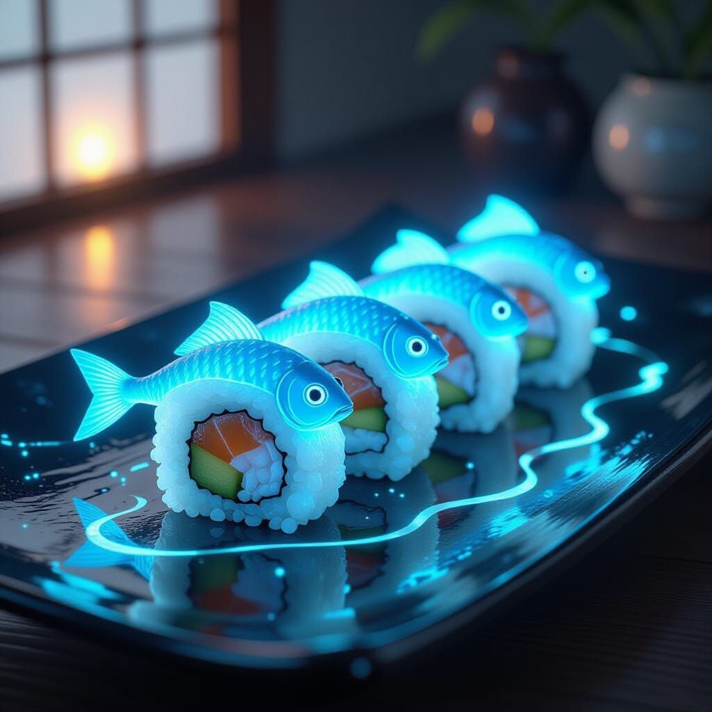 Bioluminescent Sushi Rolls Glowing in Elegant Japanese Setti...