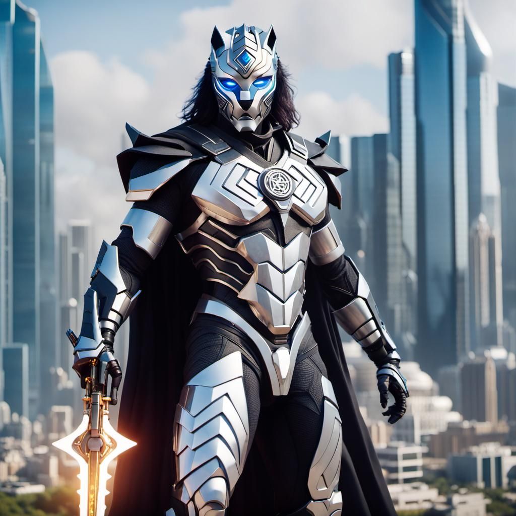 Android Warrior Soars Over Future City