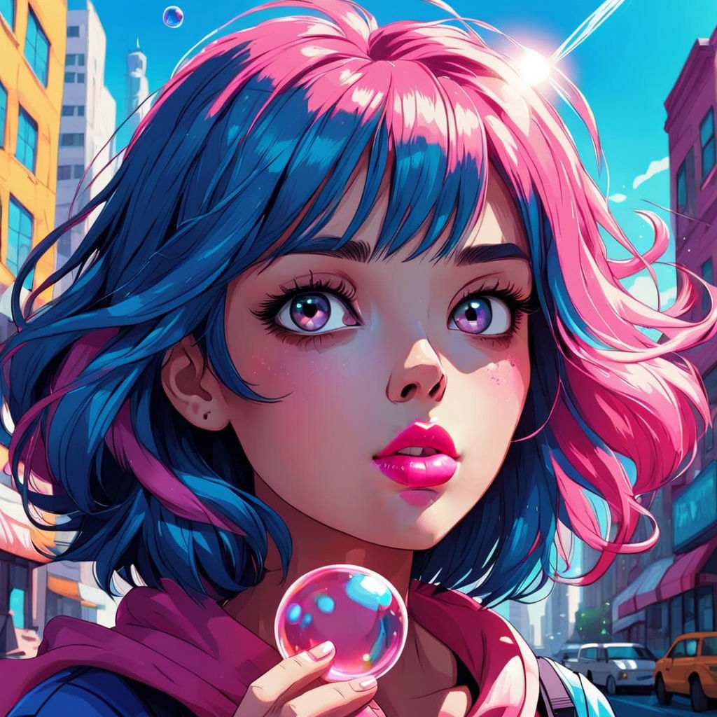 Colorful Girl Amidst Whirling Bubblegum