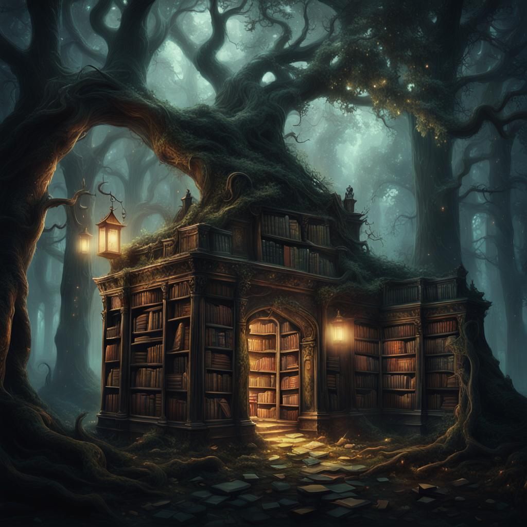 Mystical Forest Library in Dark Fantasy Art