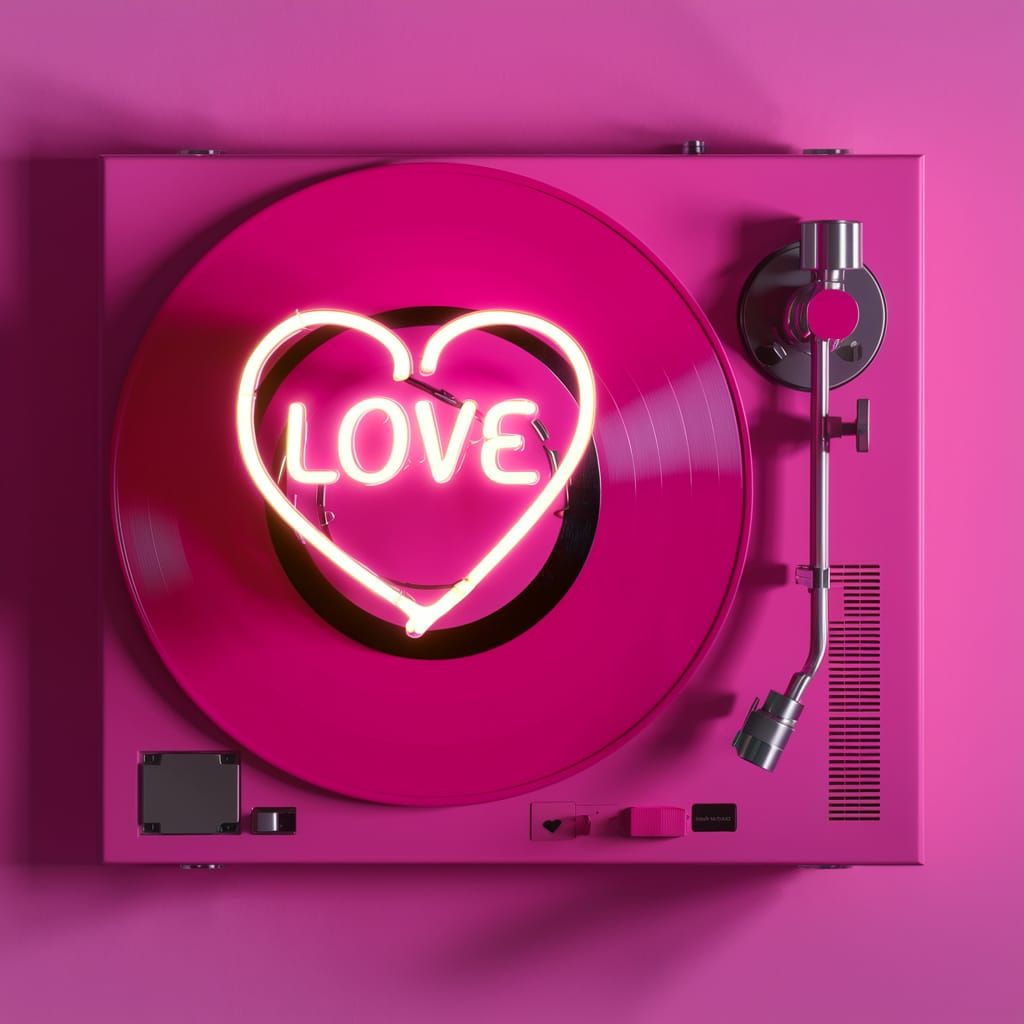Pink Vinyl Record Player with Neon Heart Sign