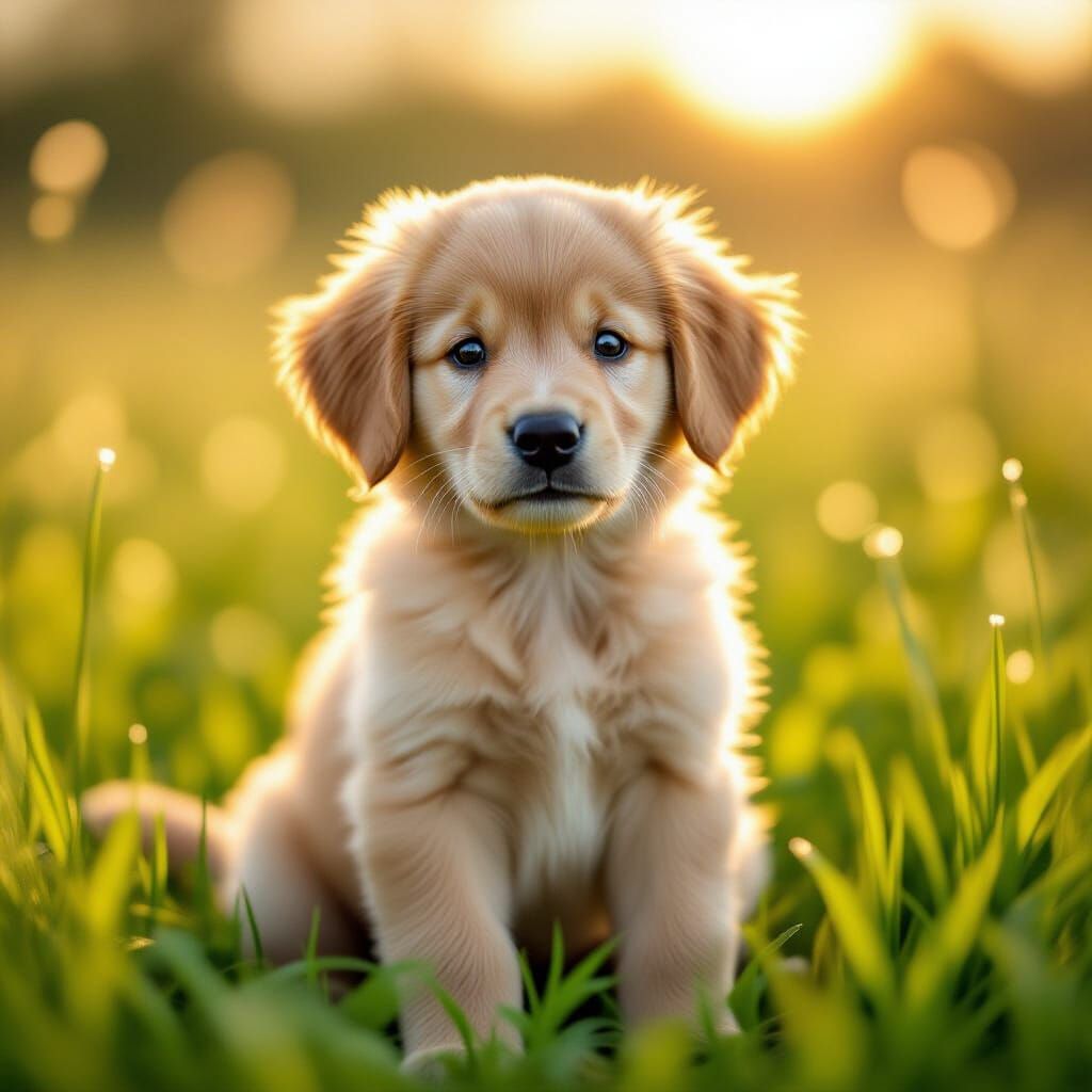 Fluffy Golden Retriever Puppy in Sunlit Meadow