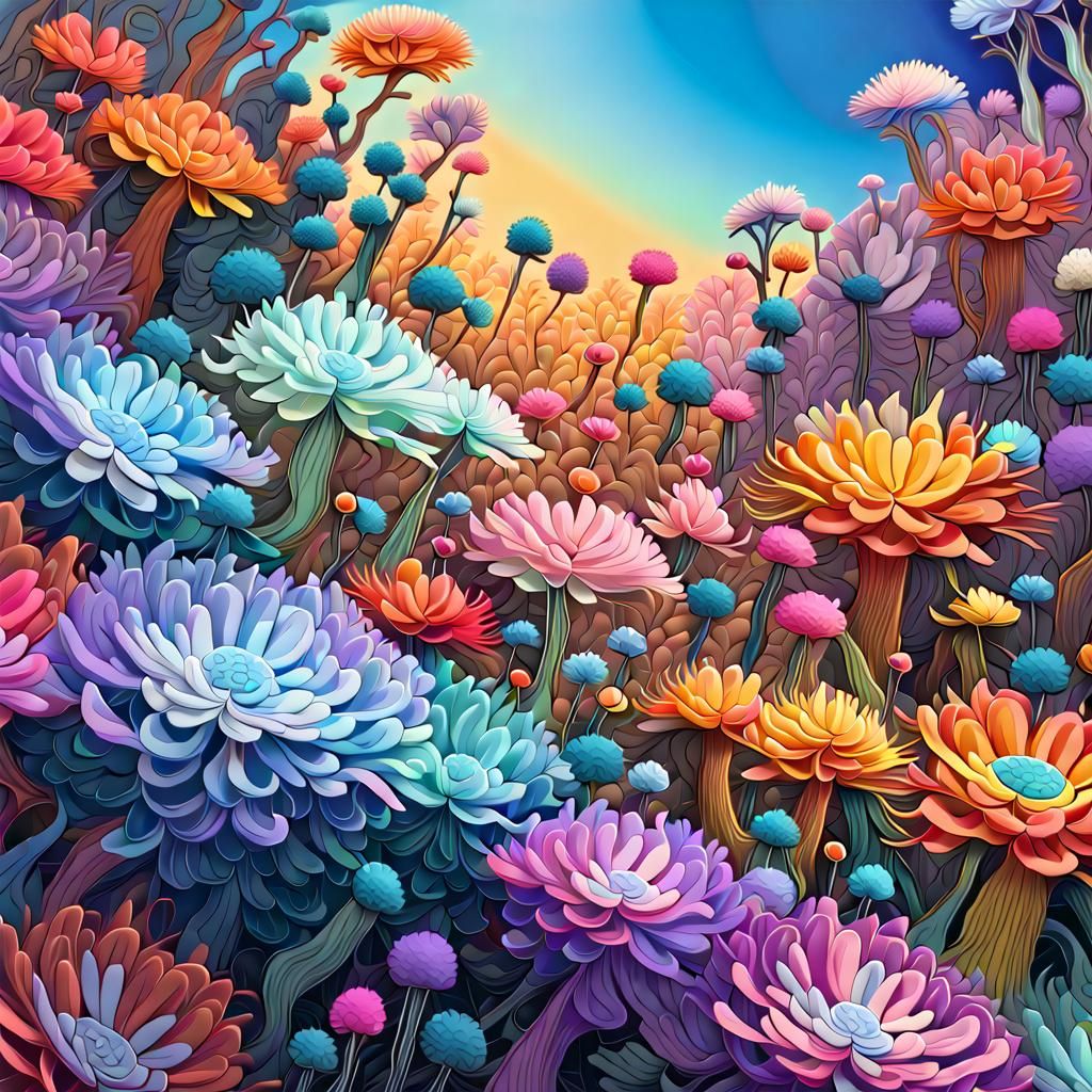 Iridescent Fractal Flowers on Neon Savannah