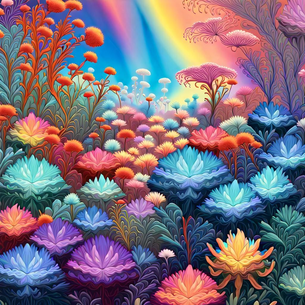Iridescent Fractal Flowers on Neon Savannah: Psychedelic Art