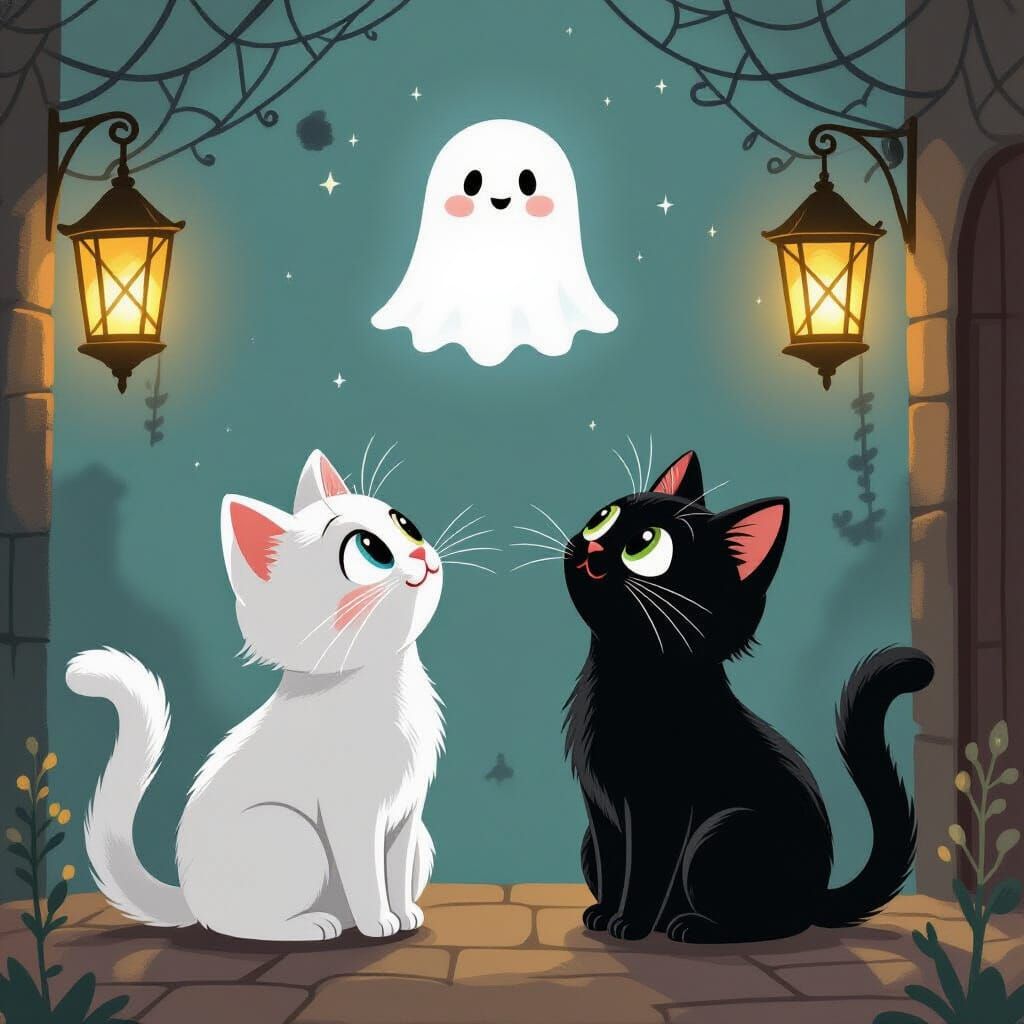 Black and White Cats Meow at Cute Ghost in Storybook Style