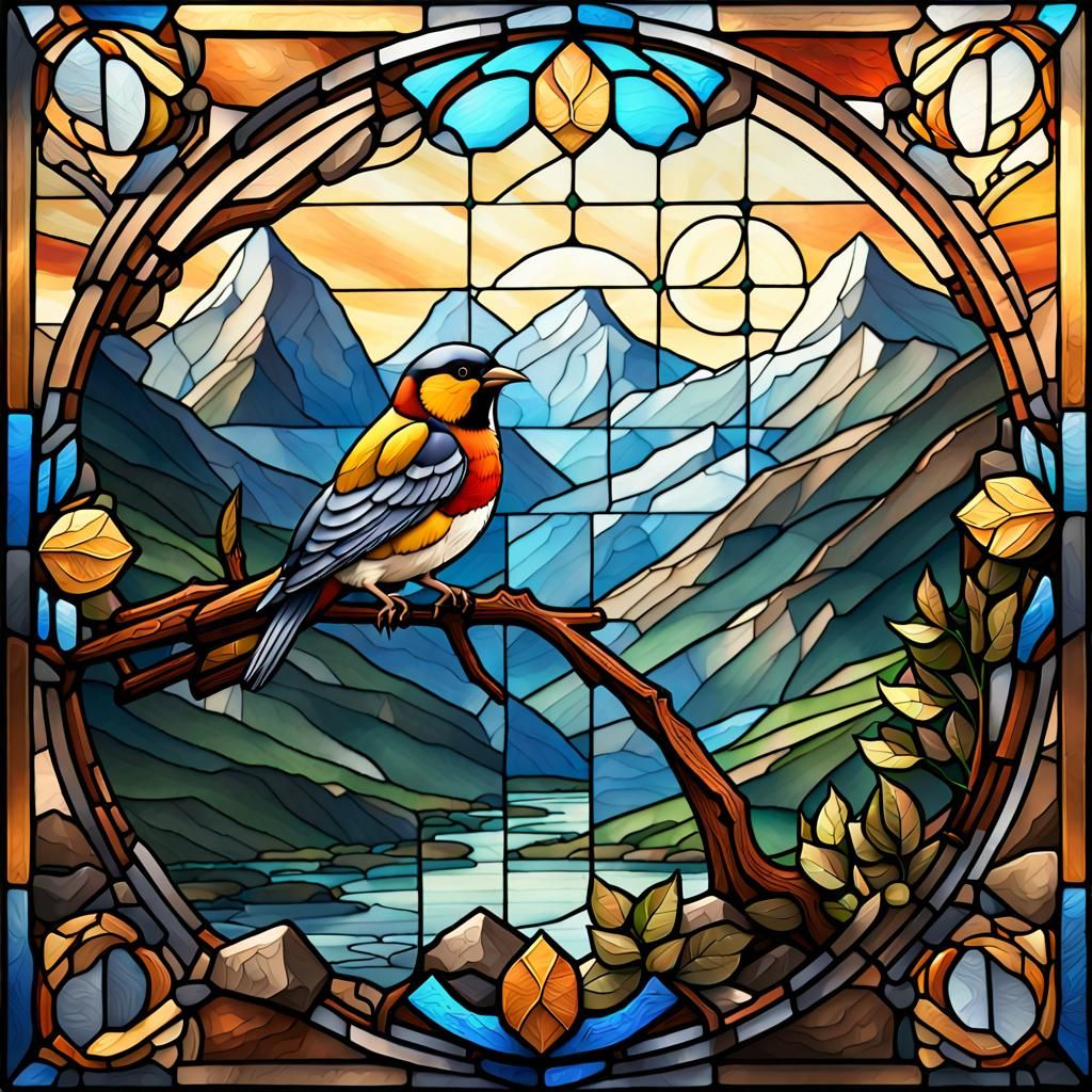 Stained Glass Brambling Bird with Mountain Background
