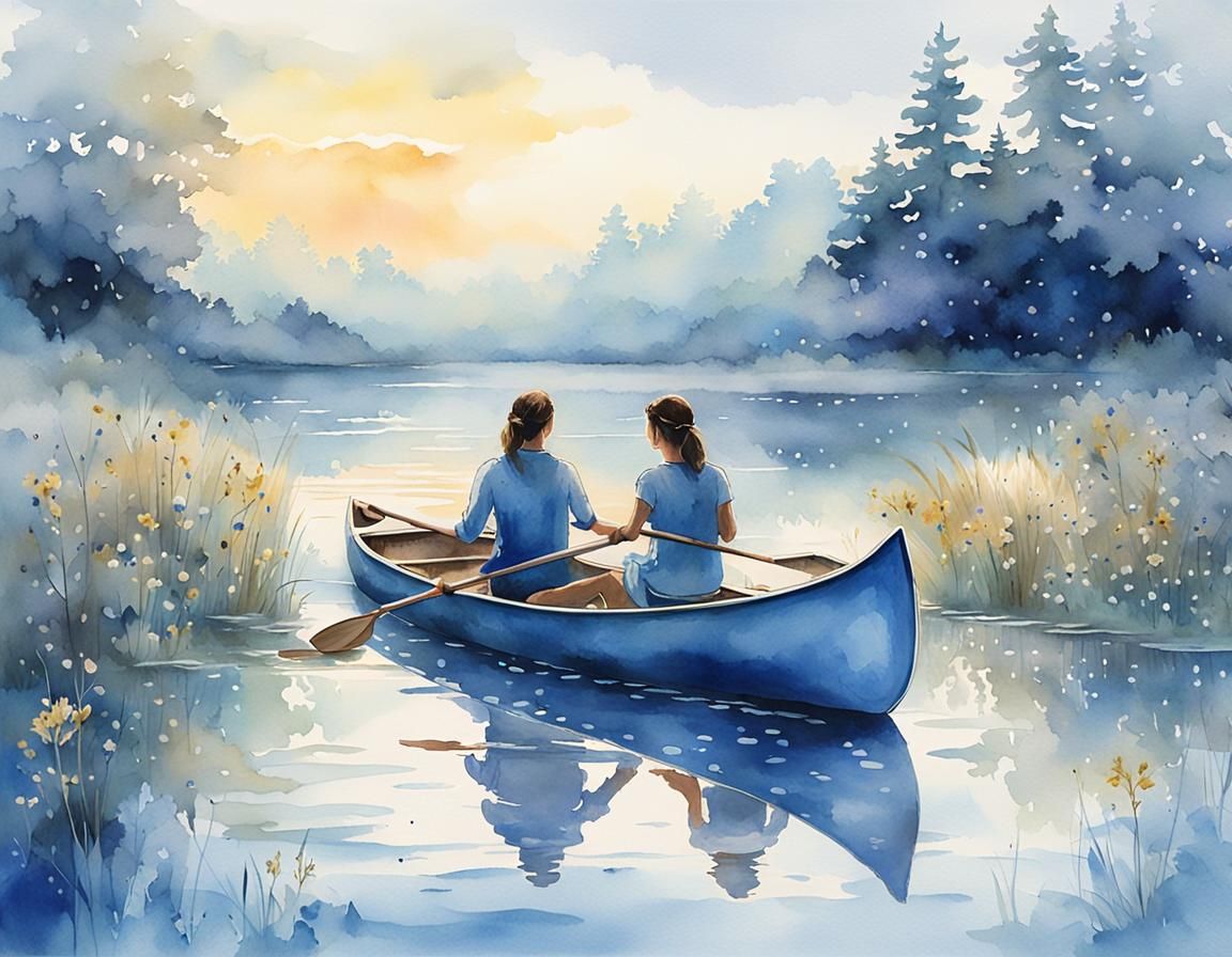 Ethereal Watercolor: Woman Canoeing on Misty Lake