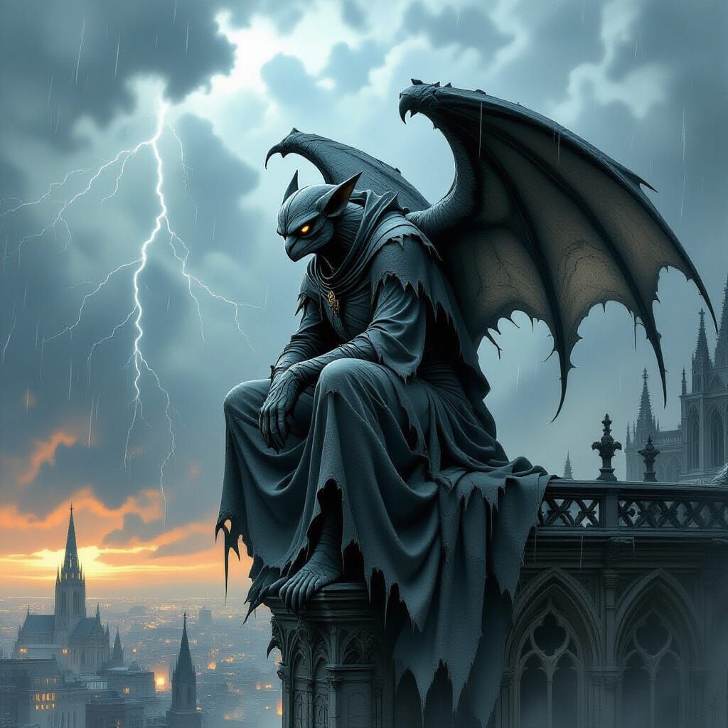 Gothic Gargoyle Perched Atop Cathedral in Dark Fantasy Style