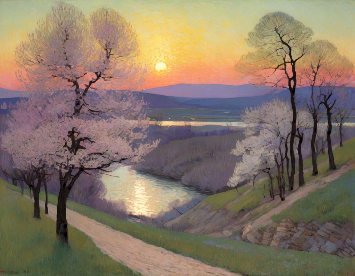 Vibrant Spring Trees by a Serene River in a Dreamy Peach Sun...