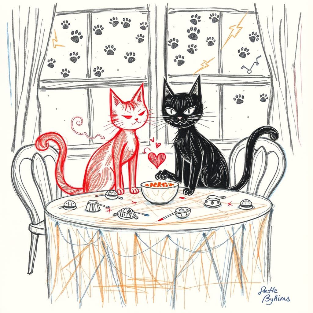 Chaotic Chalk Drawing of Two Cats at Banquet